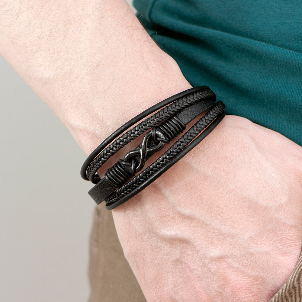 Personalised Men's Infinity Black Leather Stacked Bracelet