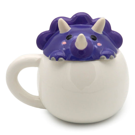 Peeping Lid Ceramic Lidded Animal Mug - Purple Dinosaur