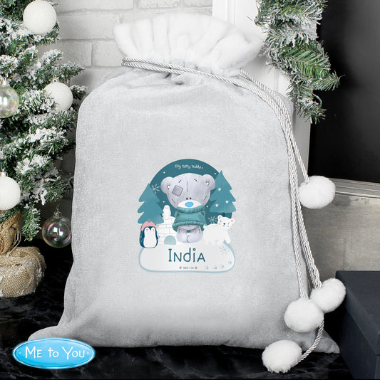 Personalised Winter Explorer Tiny Tatty Teddy Luxury Silver Grey Pom Pom Sack