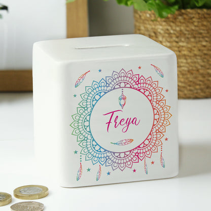 Personalised Dreamcatcher Ceramic Square Money Box