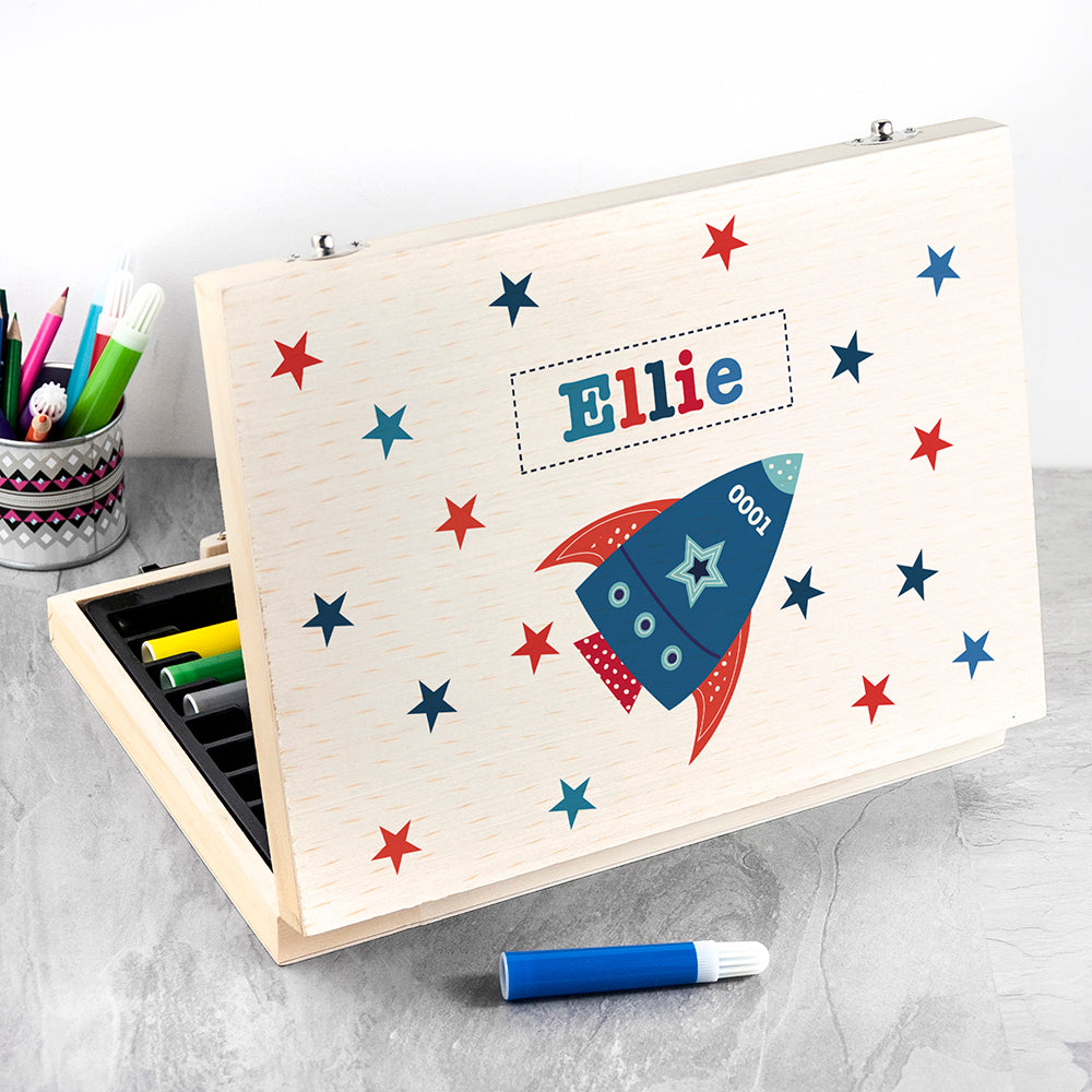 Personalised Wooden Art Colouring Box Set - Space Rocket