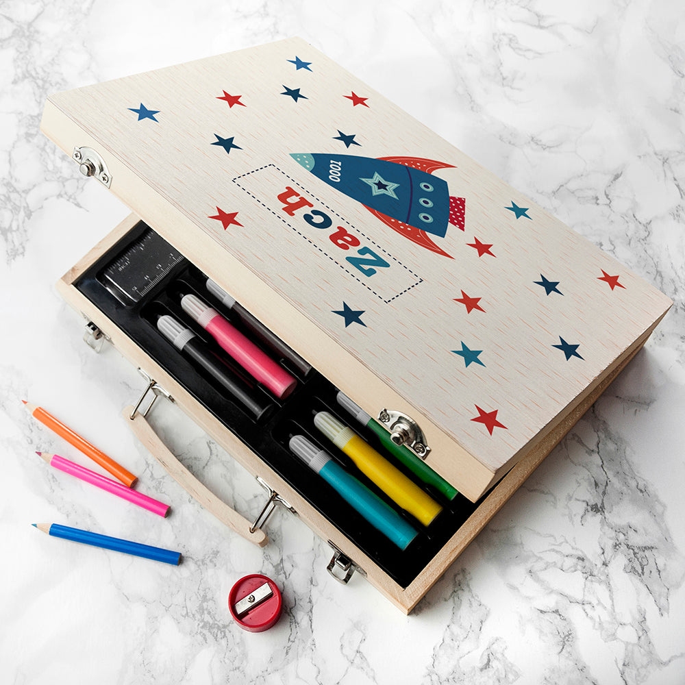 Personalised Wooden Art Colouring Box Set - Space Rocket