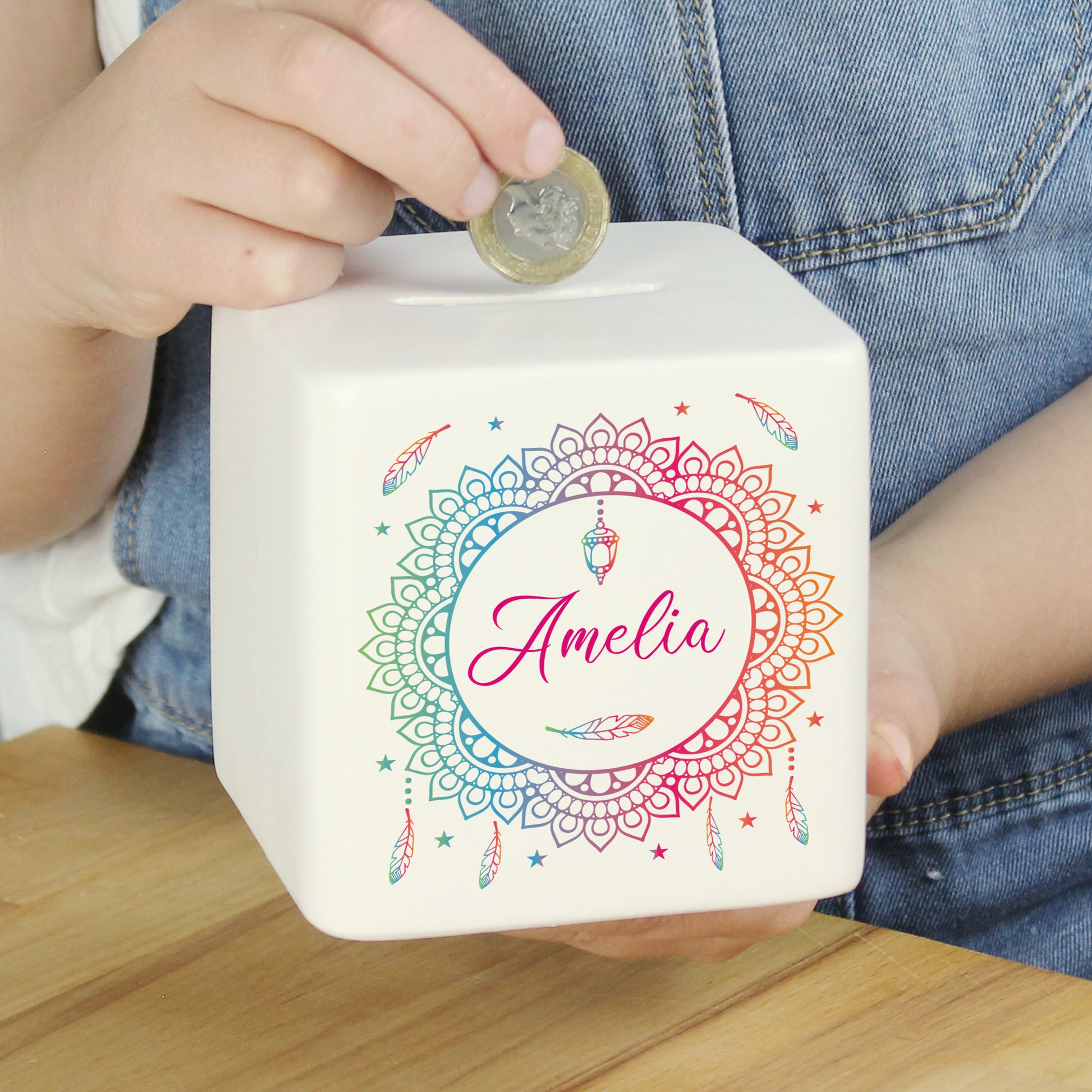 Personalised Dreamcatcher Ceramic Square Money Box