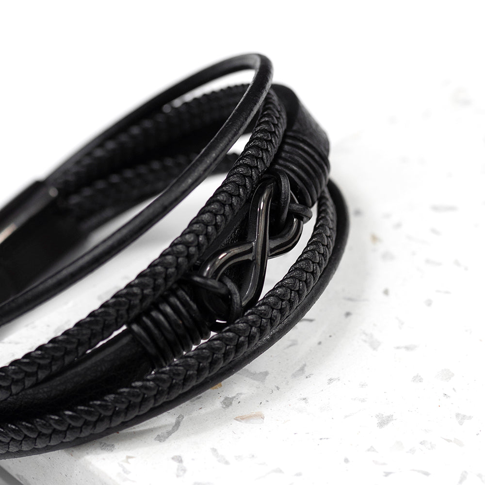 Personalised Men's Infinity Black Leather Stacked Bracelet