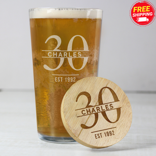 Personalised 30th Birthday Pint Glass & Bamboo Bottle Opener Coaster Gift Set