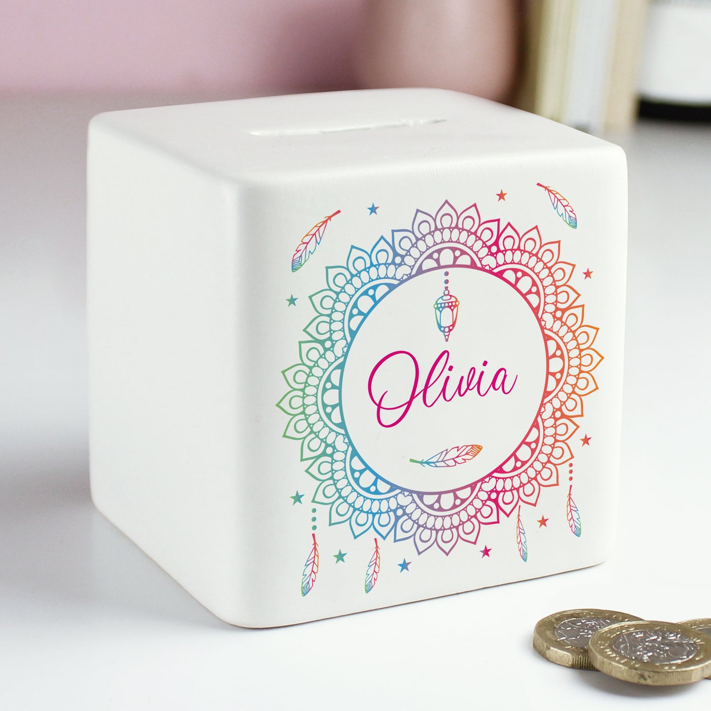 Personalised Dreamcatcher Ceramic Square Money Box