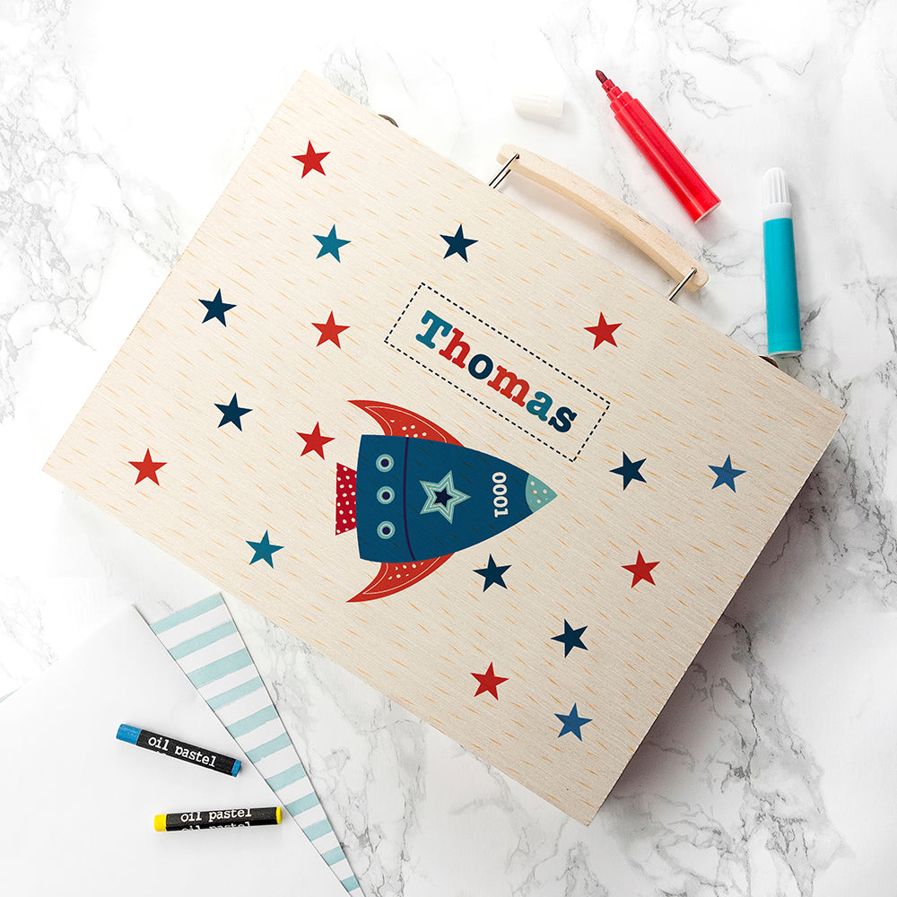 Personalised Wooden Art Colouring Box Set - Space Rocket