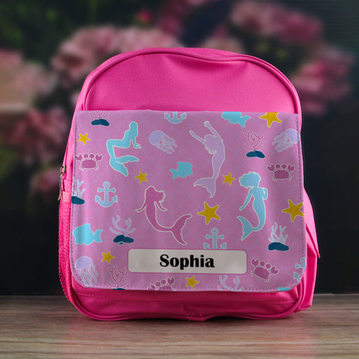 Printed Kids Pink Backpack with Mermaid Design, Customise with Any Name Image 3