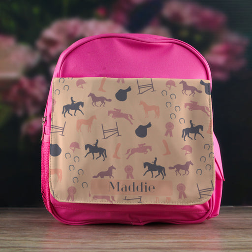 Printed Kids Pink Backpack with Horse Riding Design, Customise with Any Name Image 3