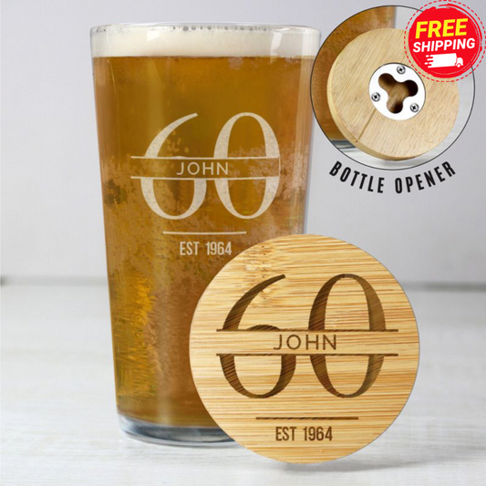 Personalised 60th Birthday Pint Glass & Bamboo Bottle Opener Coaster Gift Set