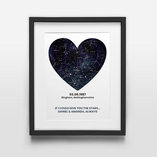 Personalised Midnight Heart Star Map A4 Framed Print Wall Art