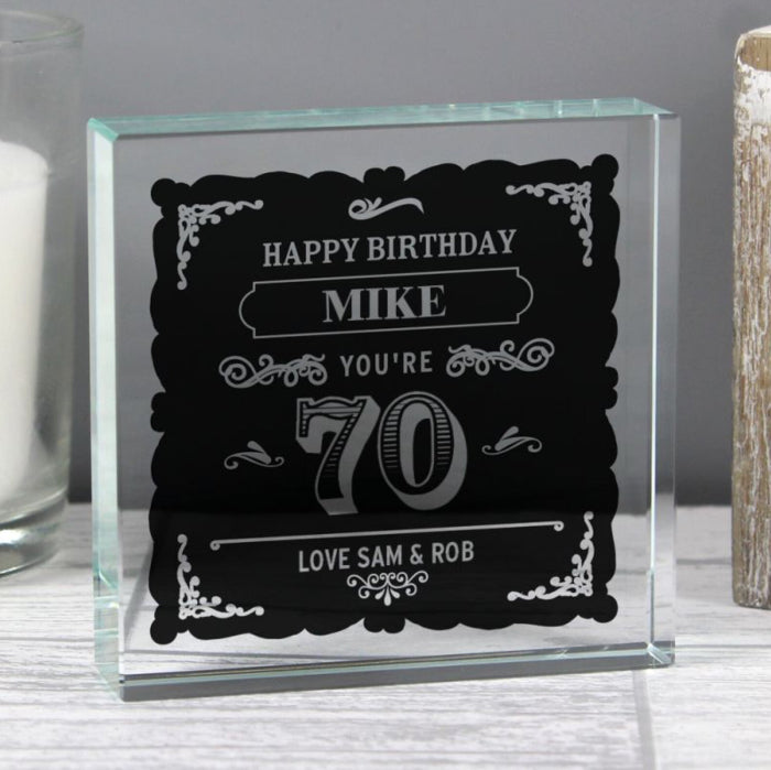 Personalised 70th Birthday Vintage Crystal Glass Block