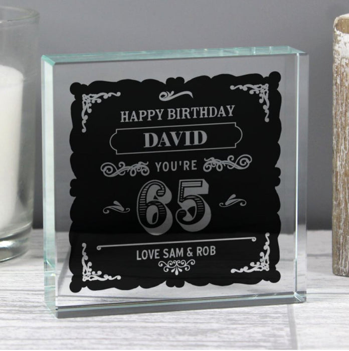Personalised 65th Birthday Vintage Crystal Glass Block