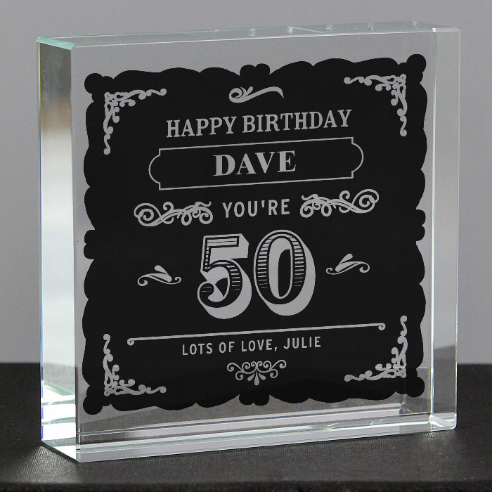 Personalised 50th Birthday Vintage Crystal Glass Block