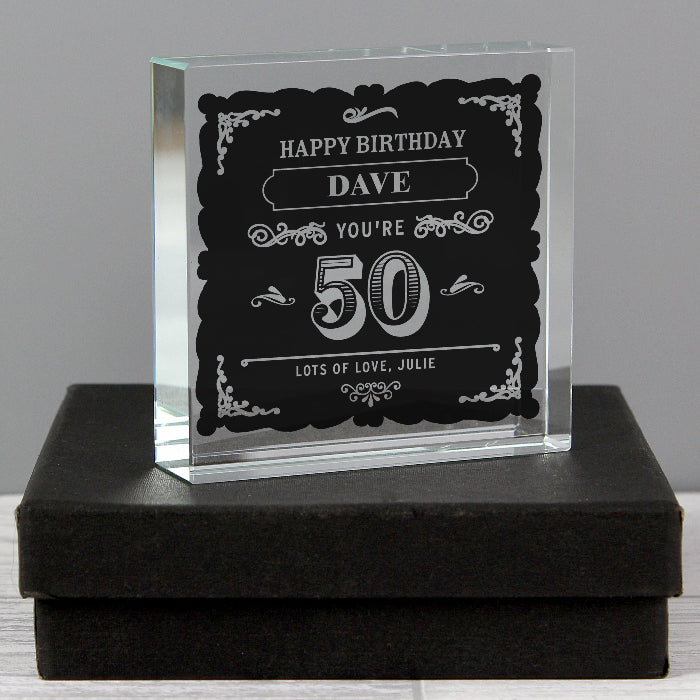 Personalised 50th Birthday Vintage Crystal Glass Block