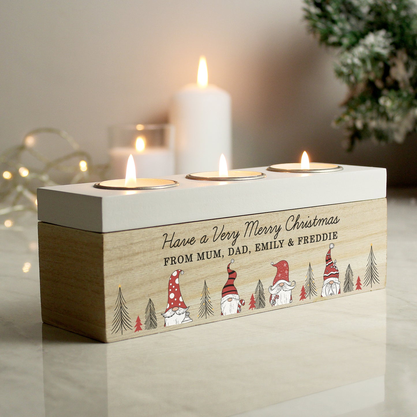 Personalised Family Christmas Gonk Triple Tea Light Box