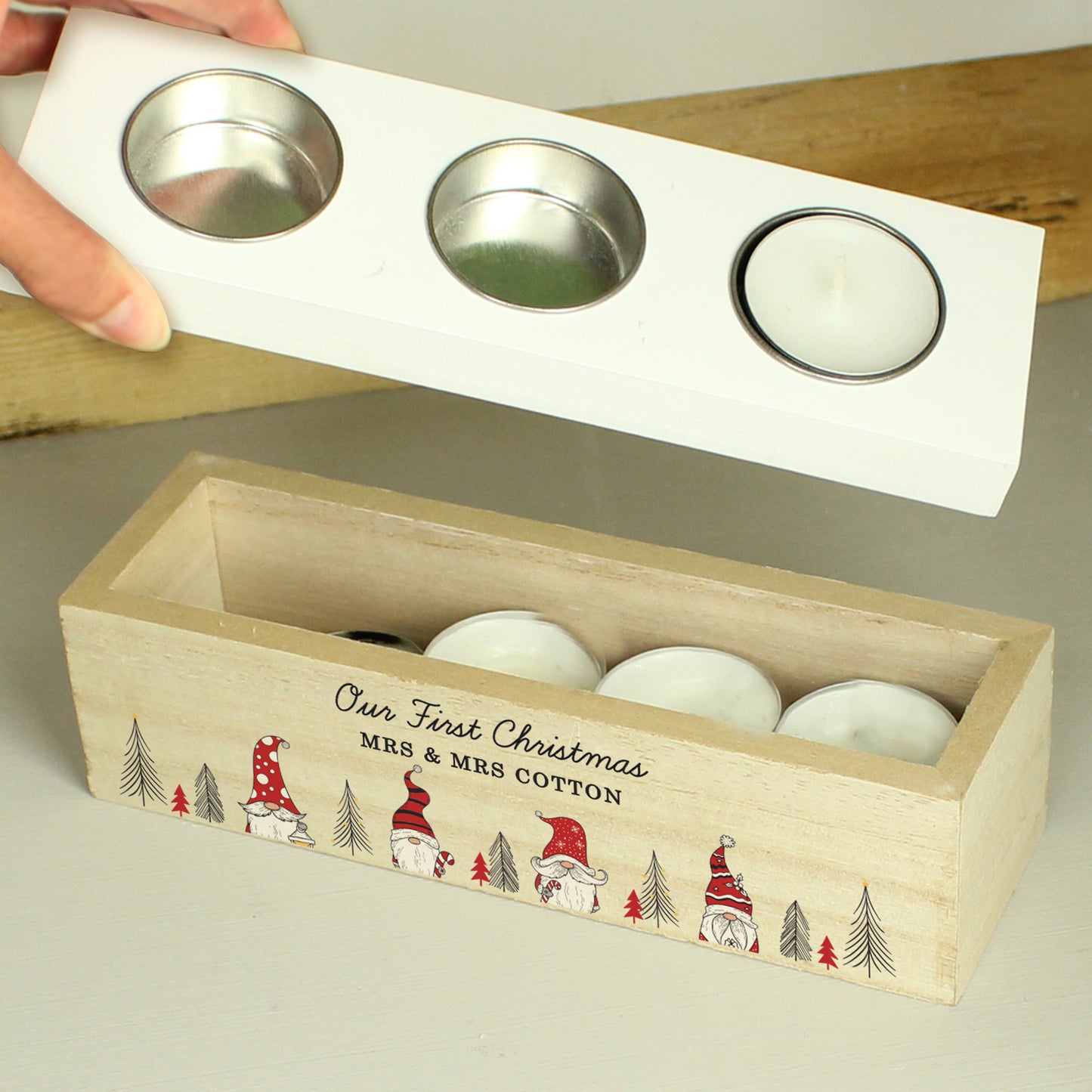 Personalised Family Christmas Gonk Triple Tea Light Box