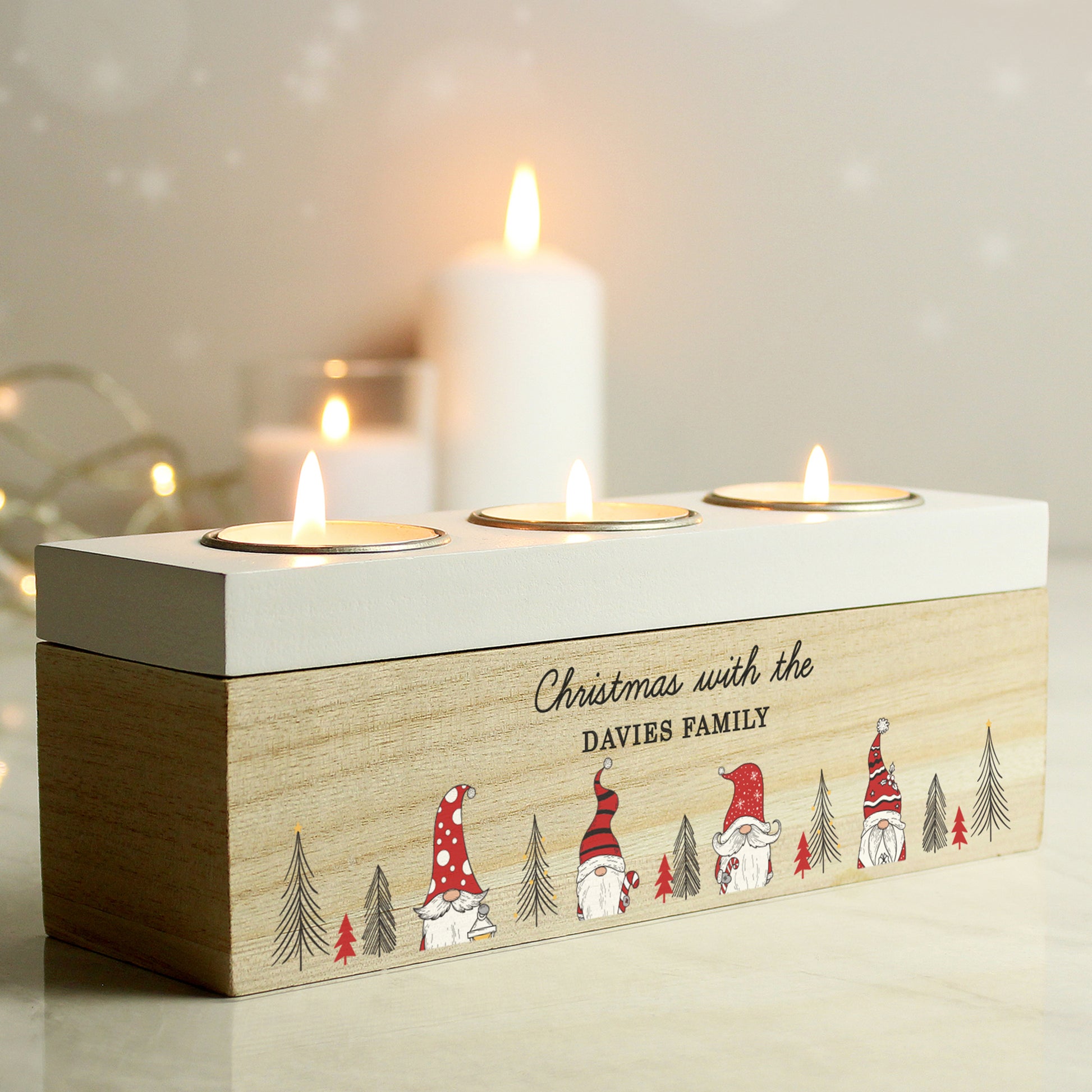 Personalised Family Christmas Gonk Triple Tea Light Box