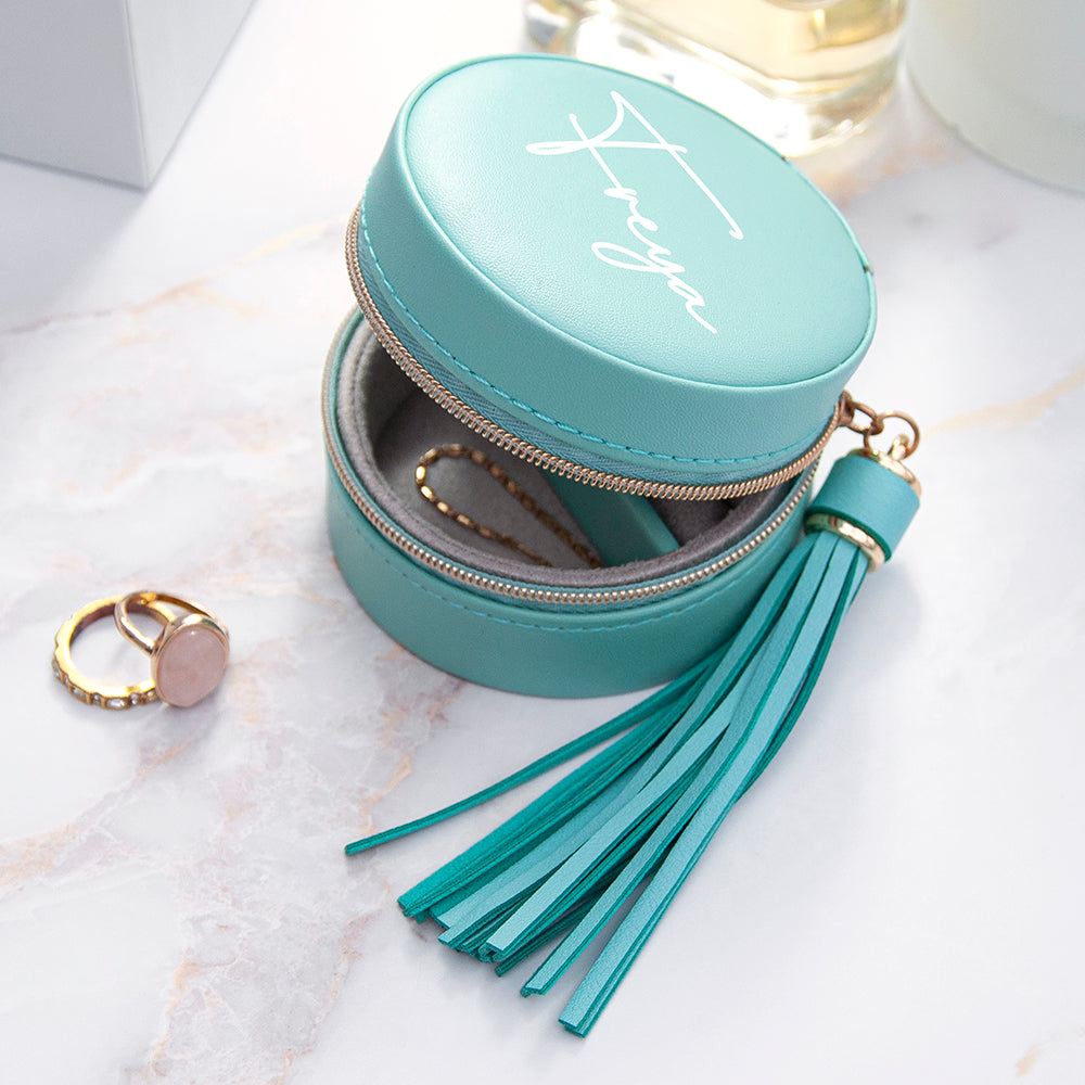 Personalised Turquoise Travel Jewellery Case Box with Tassel