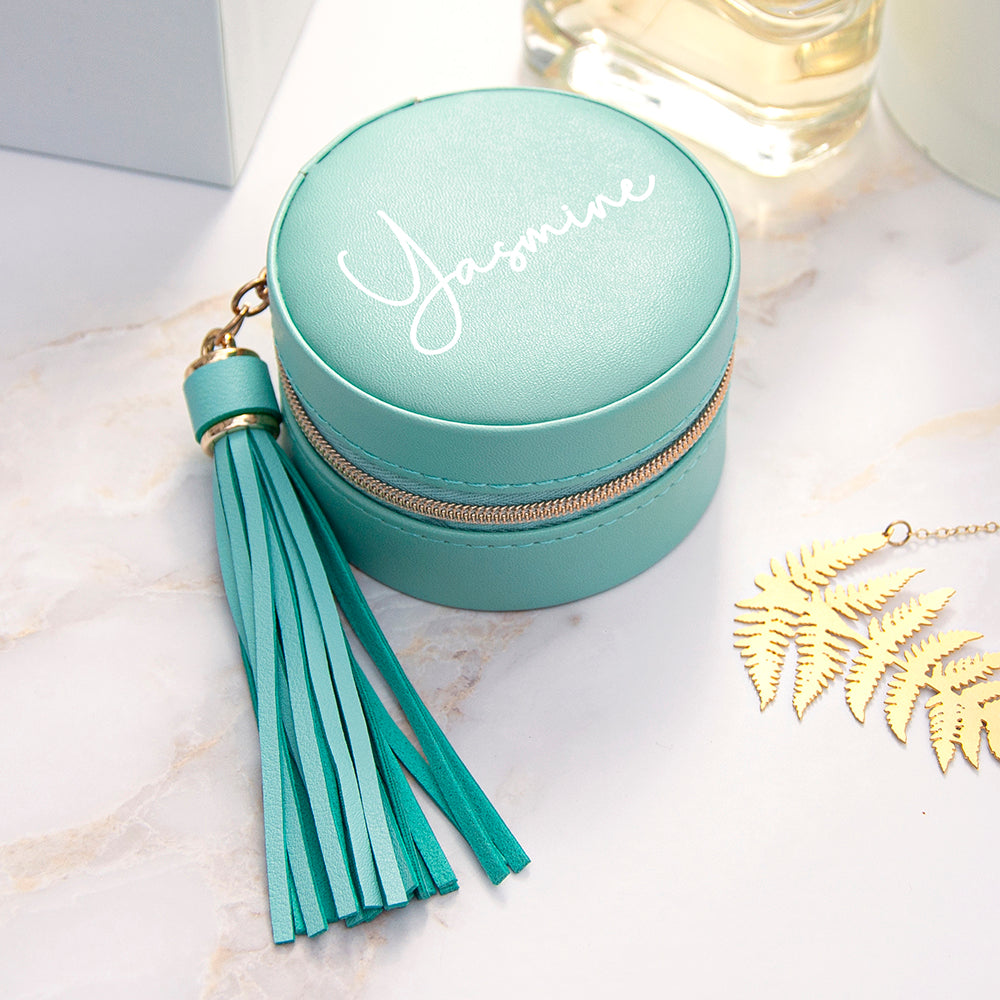 Personalised Turquoise Travel Jewellery Case Box with Tassel