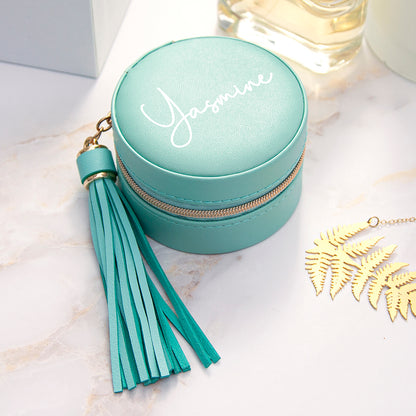 Personalised Turquoise Travel Jewellery Case Box with Tassel