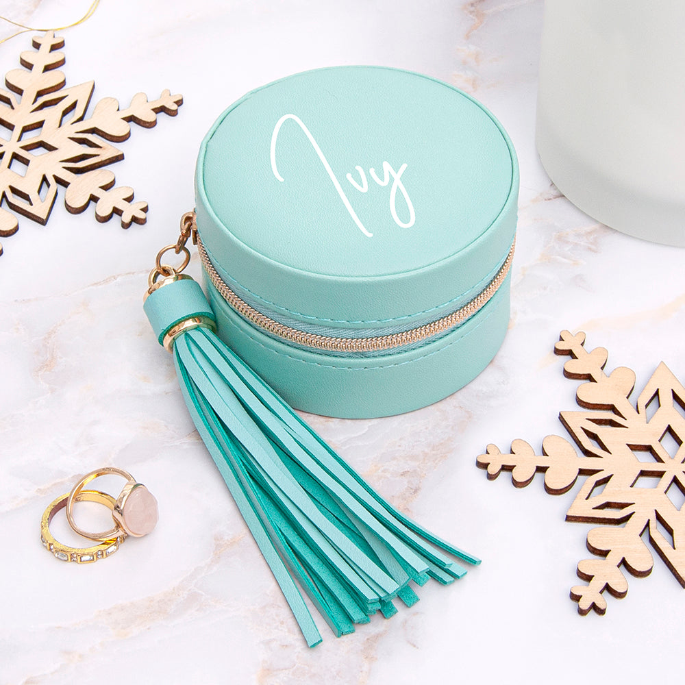 Personalised Turquoise Travel Jewellery Case Box with Tassel