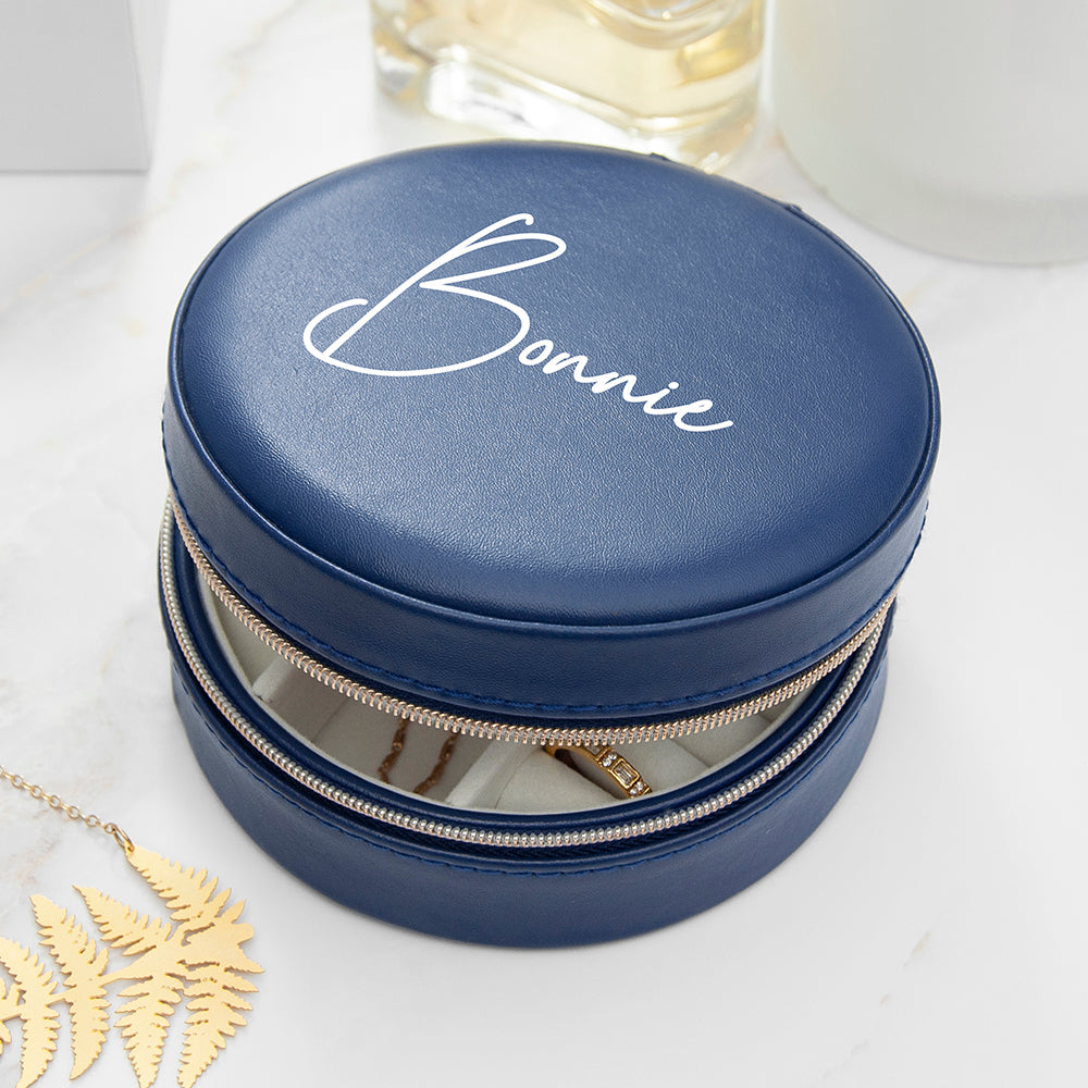 Personalised Navy Blue Round Travel Jewellery Case Box