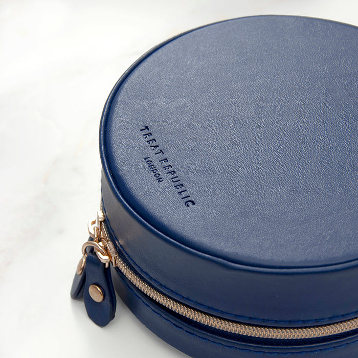 Personalised Navy Blue Round Travel Jewellery Case Box