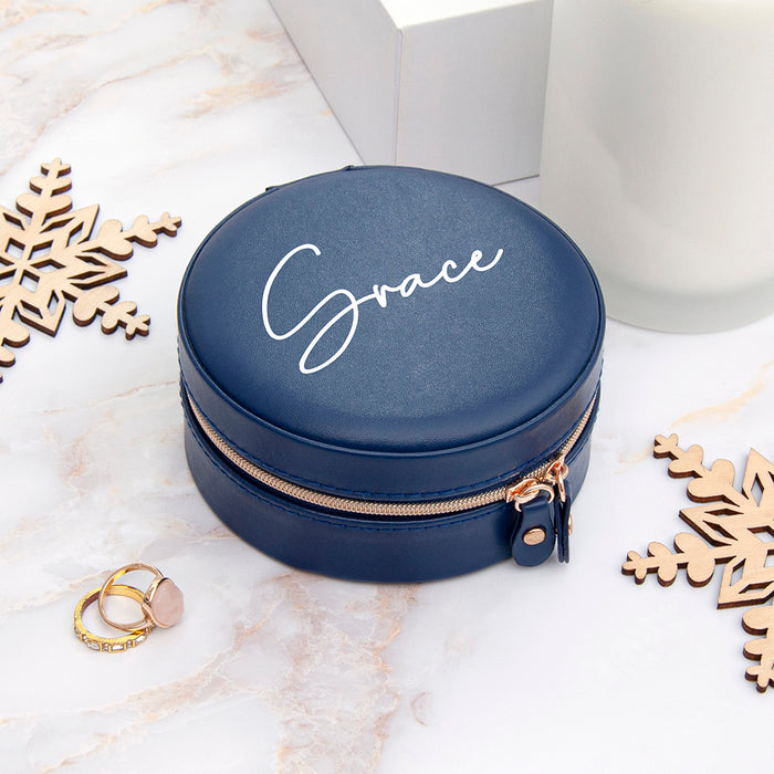 Personalised Navy Blue Round Travel Jewellery Case Box