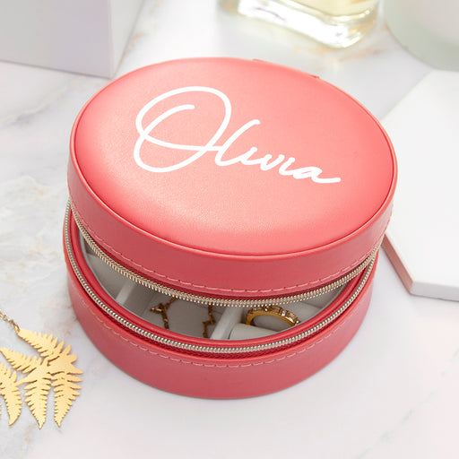 Personalised Coral Round Travel Jewellery Case Box