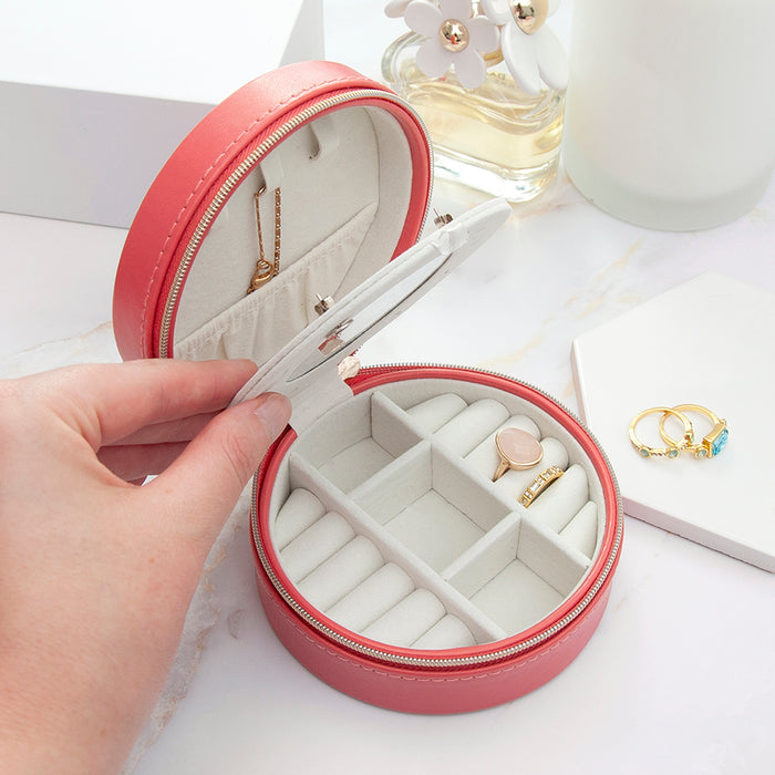 Personalised Coral Round Travel Jewellery Case Box