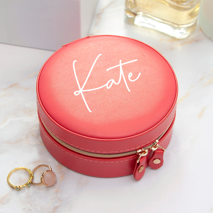 Personalised Coral Round Travel Jewellery Case Box