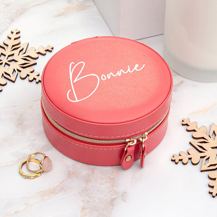 Personalised Coral Round Travel Jewellery Case Box