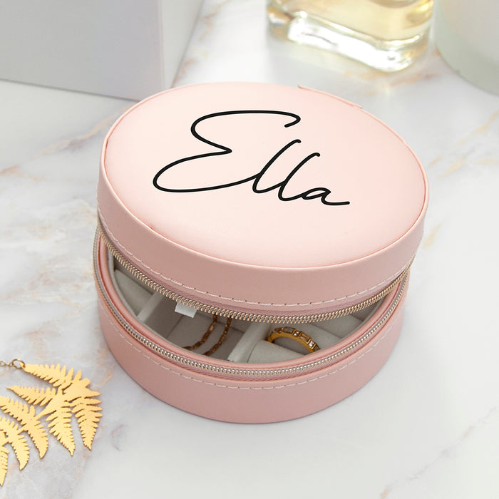 Personalised Blush Pink Round Travel Jewellery Case Box