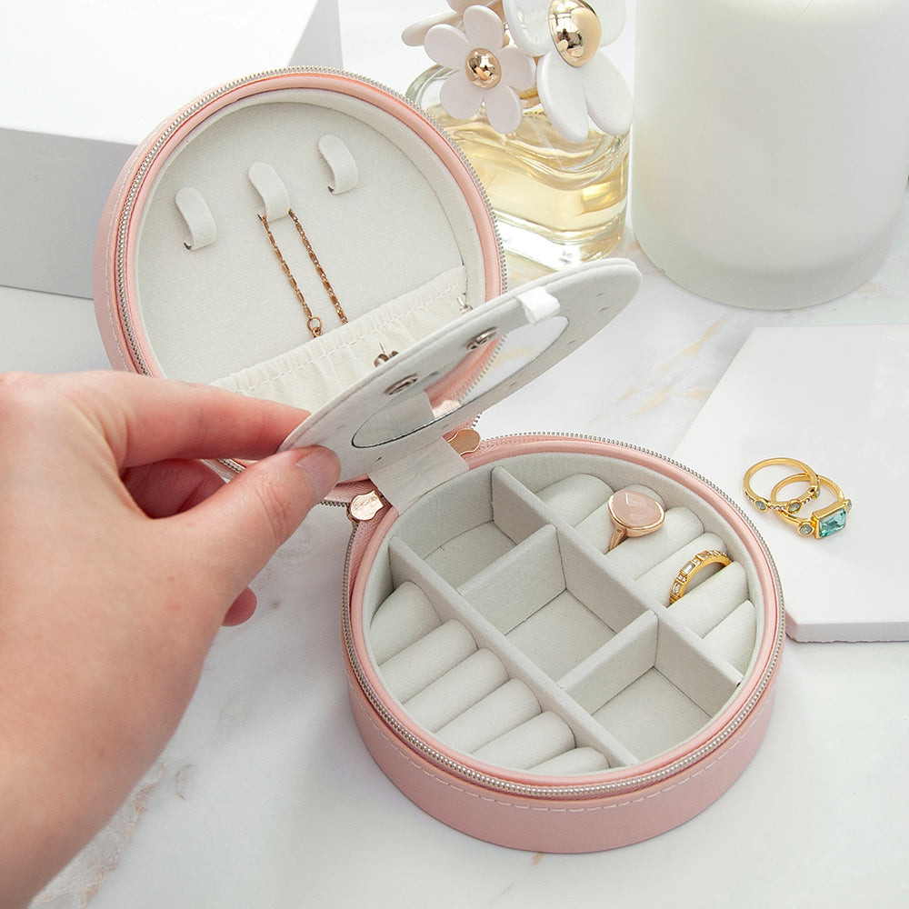 Personalised Blush Pink Round Travel Jewellery Case Box