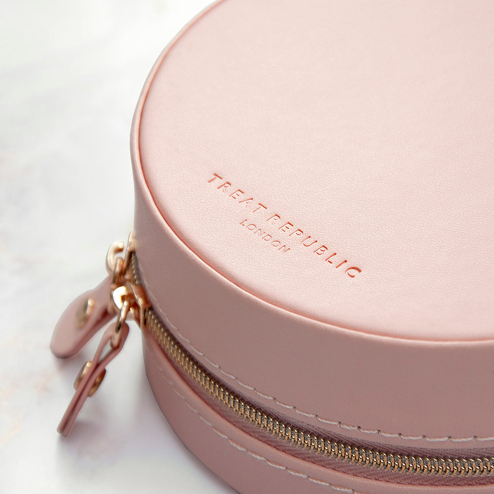 Personalised Blush Pink Round Travel Jewellery Case Box