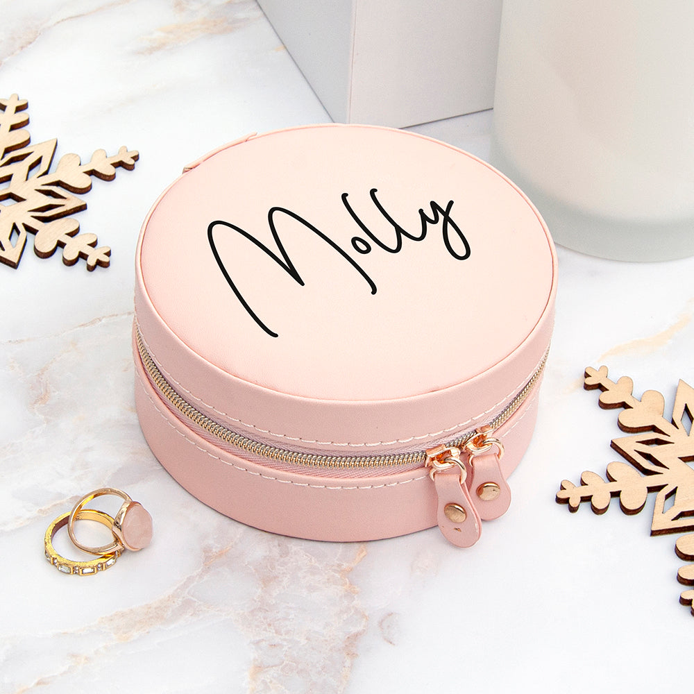 Personalised Blush Pink Round Travel Jewellery Case Box