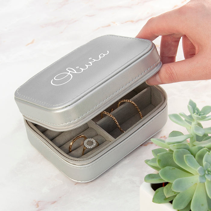 Personalised Metallic Silver Travel Jewellery Case Box