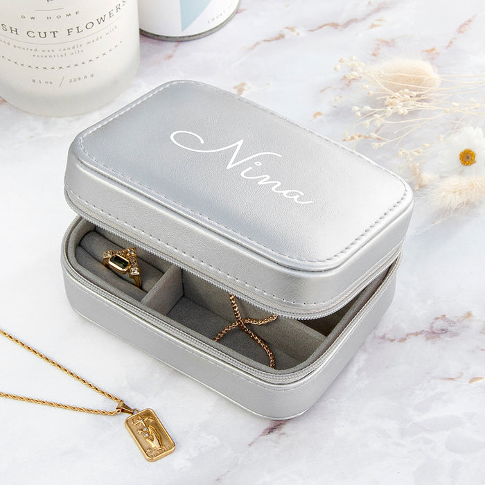 Personalised Metallic Silver Travel Jewellery Case Box