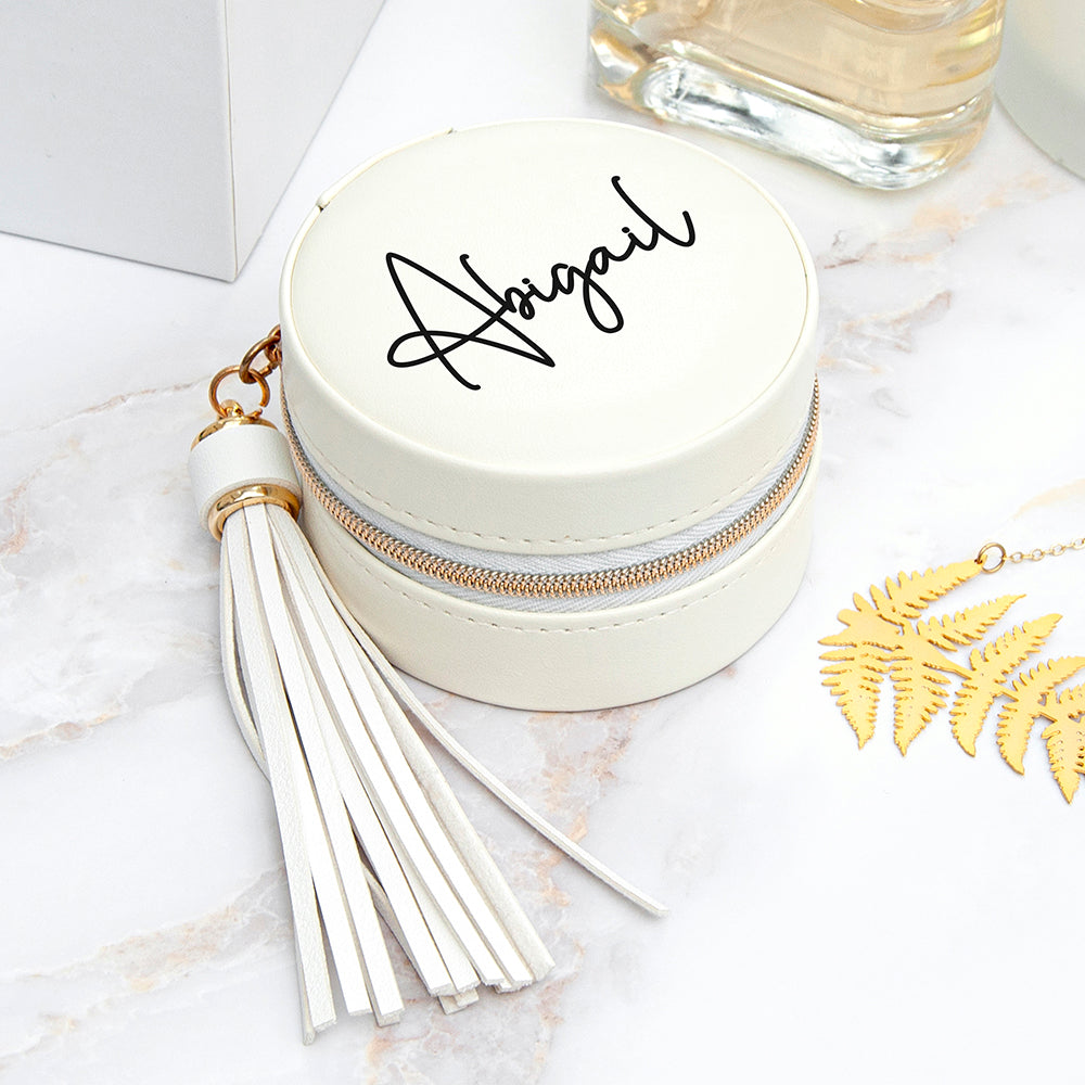 Personalised White Travel Jewellery Case Box with Tassel