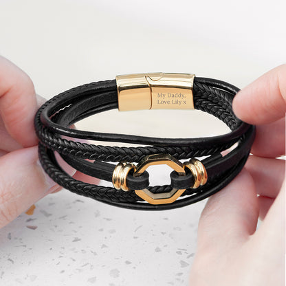 Personalised Men's Mayfair Leather Bracelet in Gold