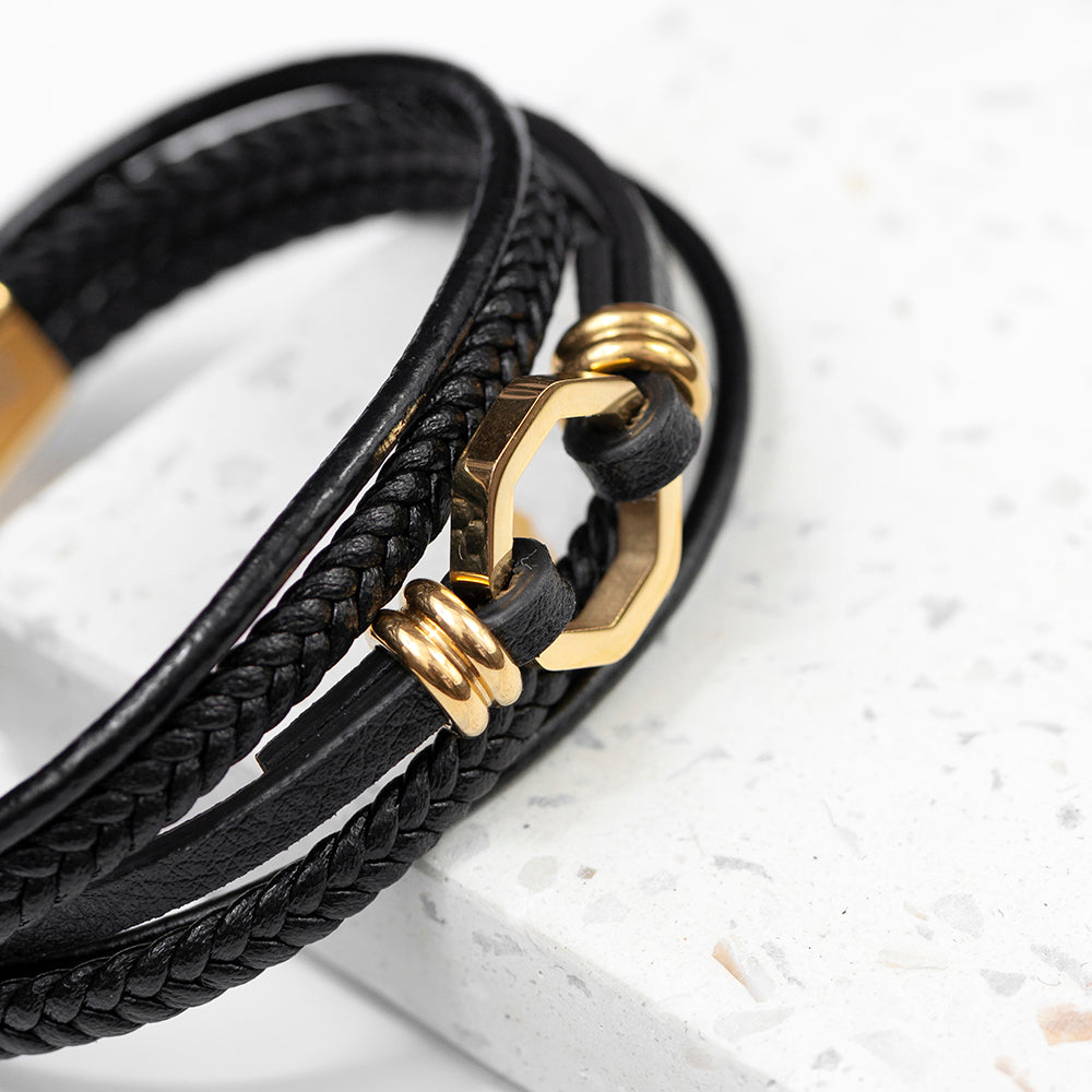 Personalised Men's Mayfair Leather Bracelet in Gold