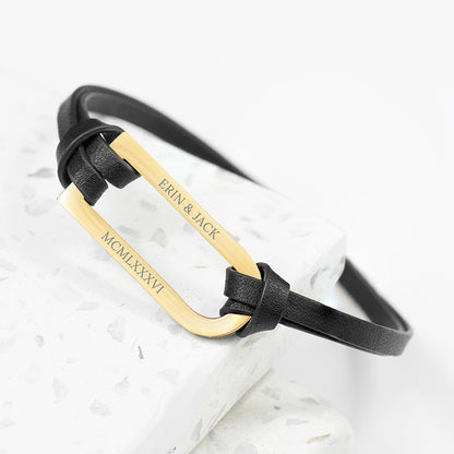 Personalised Men's Shoreditch Gold Bar Black Leather Bracelet