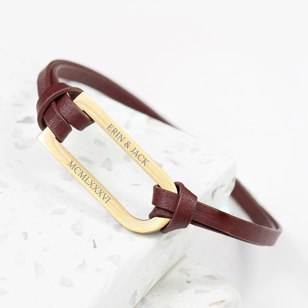 Personalised Men's Shoreditch Gold Bar Brown Leather Bracelet