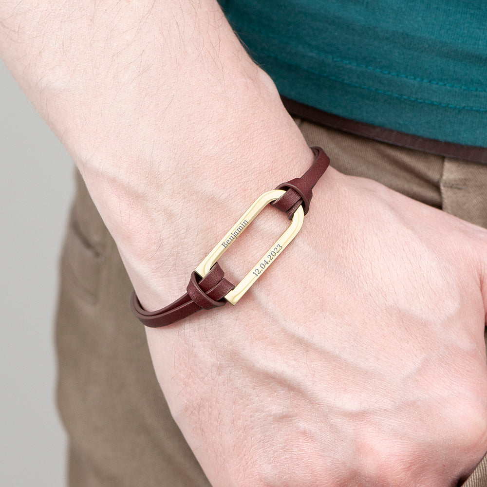 Personalised Men's Shoreditch Gold Bar Brown Leather Bracelet