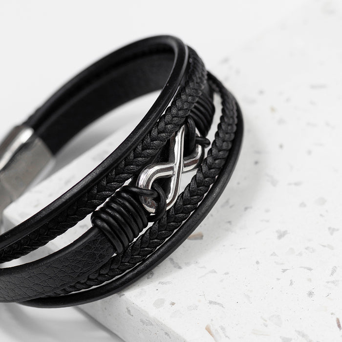 Personalised Men's Silver Infinity Black Leather Stacked Bracelet