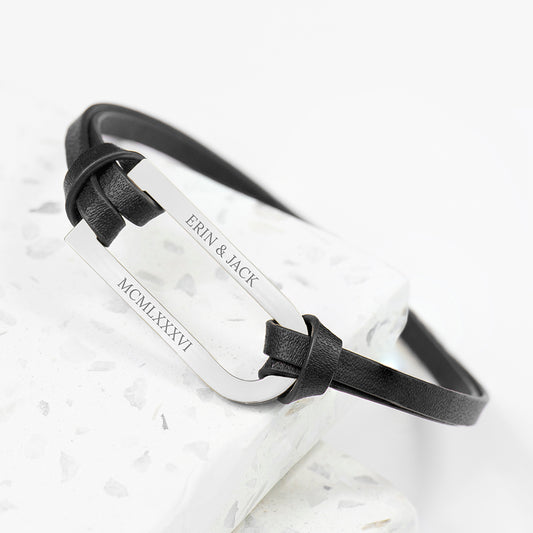 Personalised Men's Shoreditch Silver Bar Black Leather Bracelet