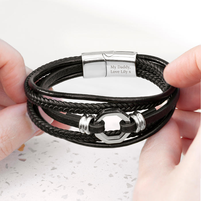 Personalised Men's Mayfair Leather Bracelet in Silver