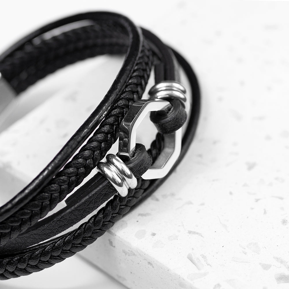 Personalised Men's Mayfair Leather Bracelet in Silver