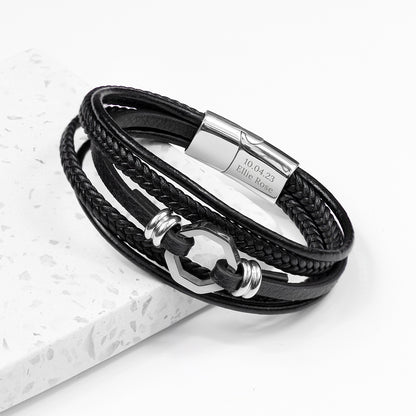 Personalised Men's Mayfair Leather Bracelet in Silver